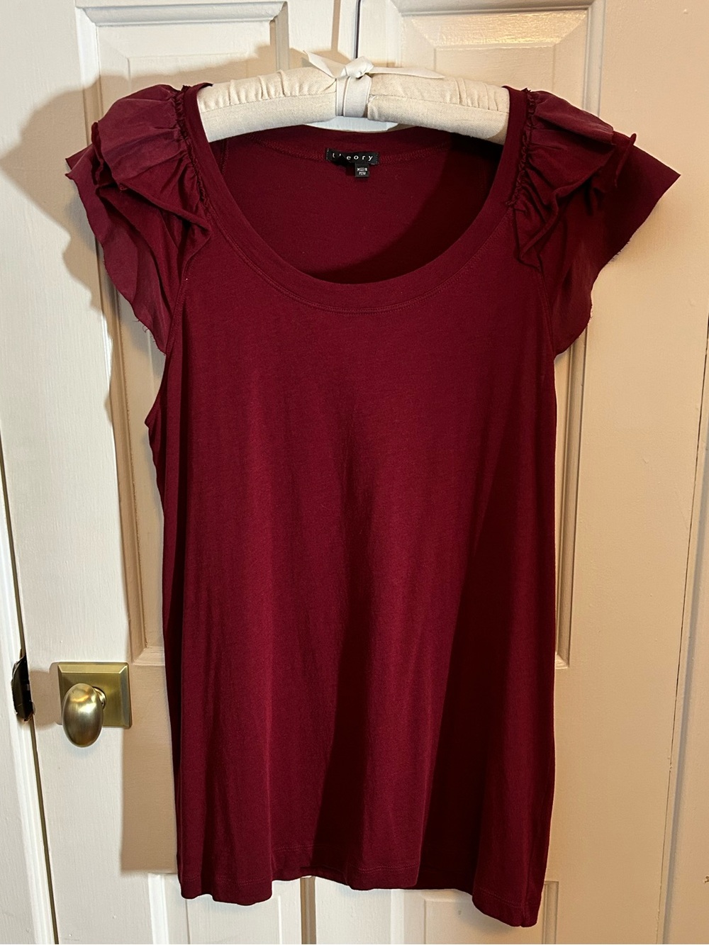 Theory Red Ruffle Sleeve Pima Silk Top -Sz M